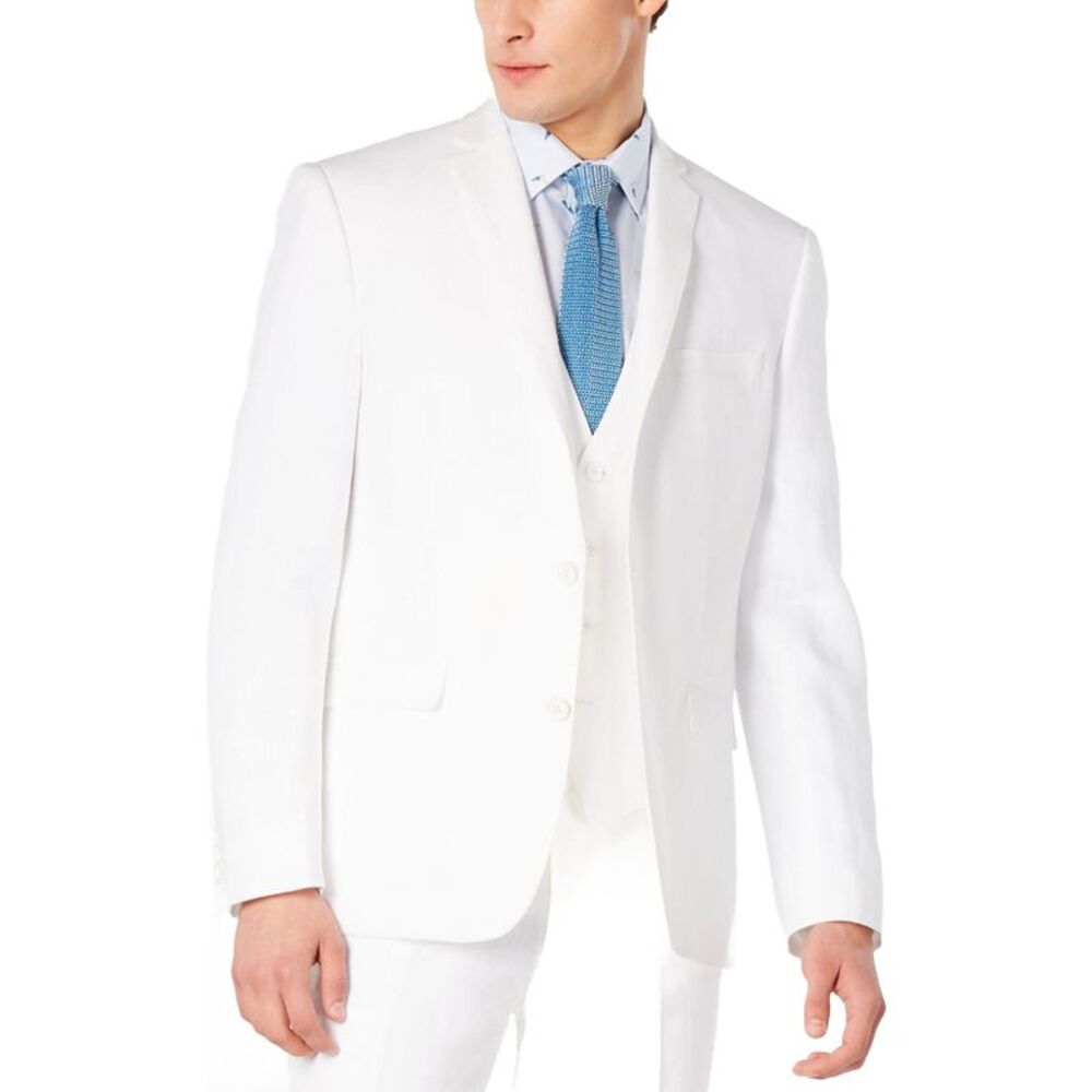 bar III Mens Slim Fit Linen Two Button Blazer Jacket, White, 36, DM